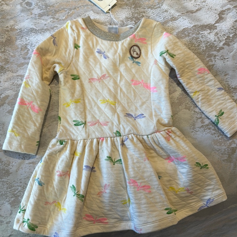 Petit Bateau Cream Dress with Colorful Dragonflies